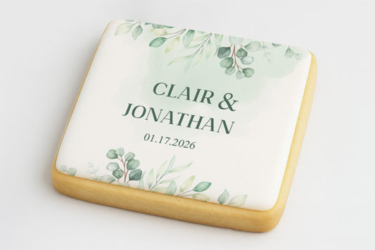 Green Watercolor Wedding Cookie - Square