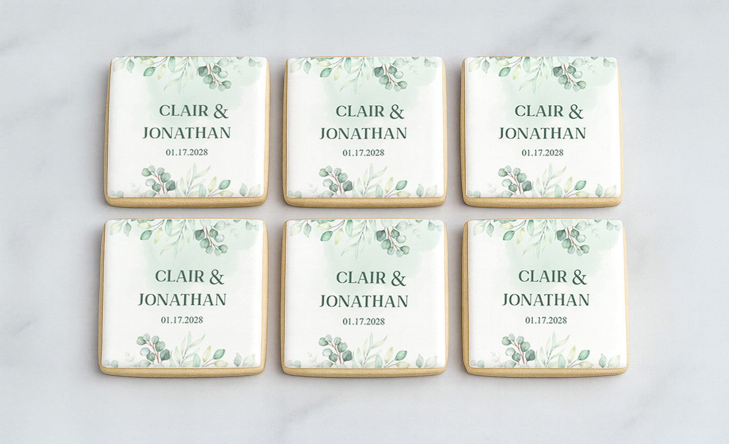 Green Watercolor Wedding Cookie - Square