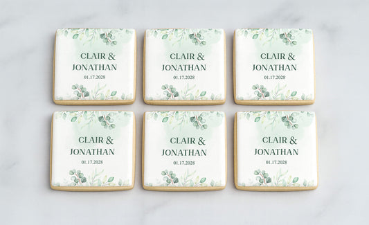 Green Watercolor Wedding Cookie - Square