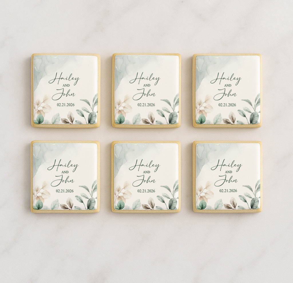 Evergreen Elegance Watercolor Wedding Cookie - Square