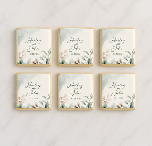 Evergreen Elegance Watercolor Wedding Cookie - Square