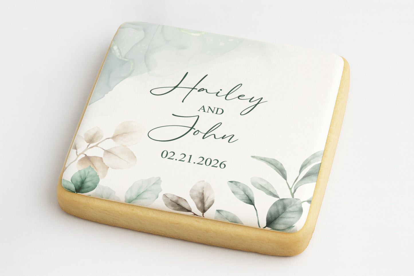 Evergreen Elegance Watercolor Wedding Cookie - Square