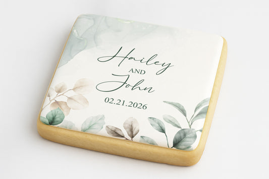 Evergreen Elegance Watercolor Wedding Cookie - Square