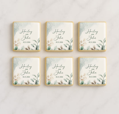 Evergreen Elegance Watercolor Wedding Cookie - Square